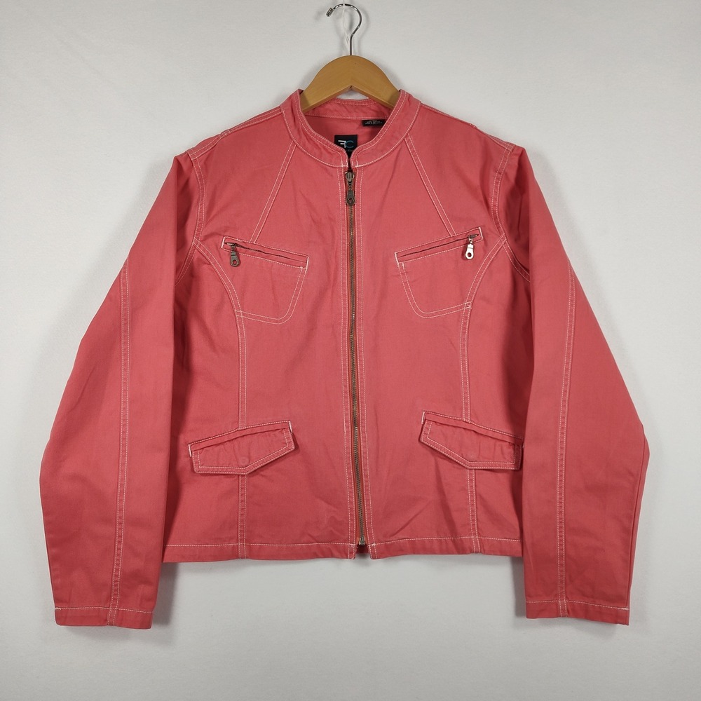 French Cuff Womens XL Coral Pink Cotton Full Zip Jacket White Contrast Stitch